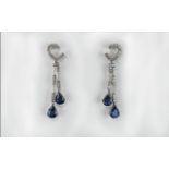 Art Deco Period - Stunning 18ct White Gold Pair of Diamond and Sapphire Set Drop Earrings,