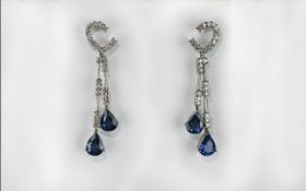 Art Deco Period - Stunning 18ct White Gold Pair of Diamond and Sapphire Set Drop Earrings,