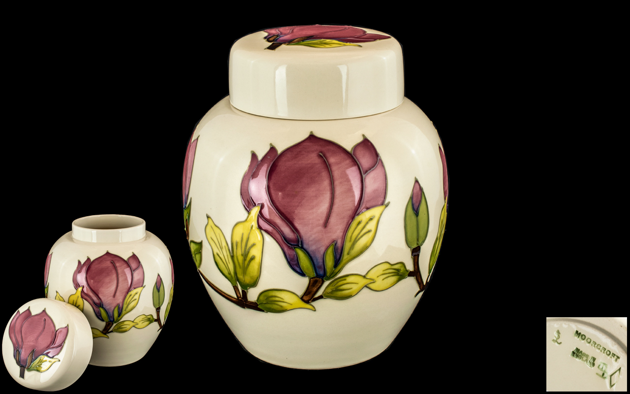 Walter Moorcroft Signed Large Hand Painted Lidded Ginger Jar ' Pink Magnolia ' Design on Cream