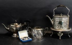 Large Embossed EPNS Antique Tea Kettle on Stand, with burner,