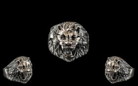 Large and Impressive Silver Ring in the Form of a Roaring Lion, well detailed and marked for silver;