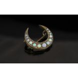 Antique Period 15ct Gold - Crescent Shaped Opal and Diamond Set Brooch.