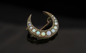 Antique Period 15ct Gold - Crescent Shaped Opal and Diamond Set Brooch.