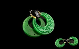 Carved Green Jade Hoop Earrings, large, near circular, hoops, carved to one side, smooth to the
