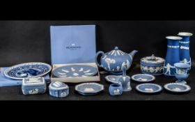 Collection of Seventeen Pieces of Wedgwood Jasper Ware comprising a tea pot, Jubilee plates, vases,