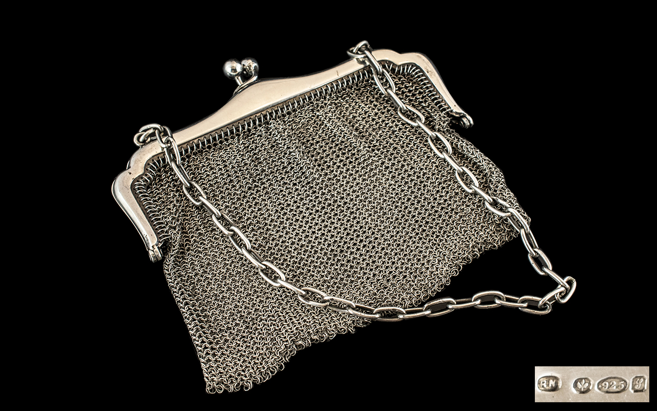 Edwardian Period 1902 - 1910 Ladies Sterling Silver Mesh Chain Mail Purse with Chain.