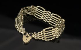 Ladies 9ct Gold - Fancy 6 Bar Gate Bar Bracelet, With Heart Shaped Padlock. Excellent Design / Form.