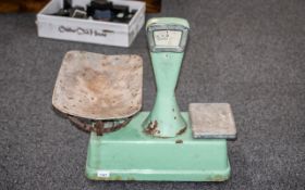 Large Antique Green Enamel Shop Scales. Large Size, Some Enamel Missing. 22 Inches High by 19 Inches