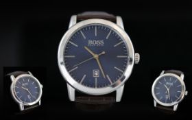 Hugo Boss Signed Gents Stainless Steel Date Just Wrist Watch, features blue dial, silver markers,