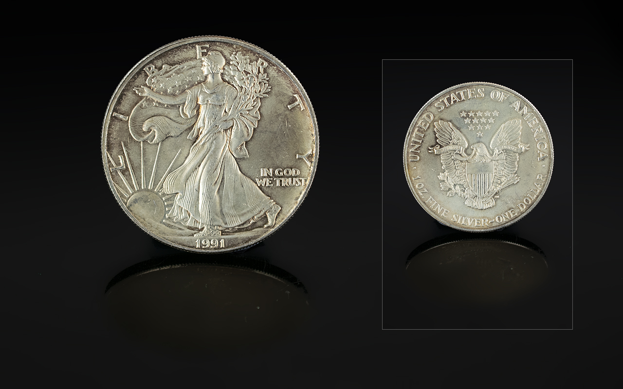 United States of America Liberty Silver One Dollar - Date 1991. 1 oz Fine Silver Purity .999.