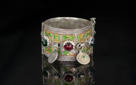 Old Philippines Hand Crafted 19th Century Stone Set Large and Decorative Silver Hinged Bangle with