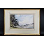 David Harrison Large Watercolour Drawing of a River Landscape with Figures,