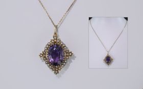 Mid - Victorian Superb 15ct Gold Amethyst and Black Seed Pearl Set Pendant Drop of Exquisite Form /