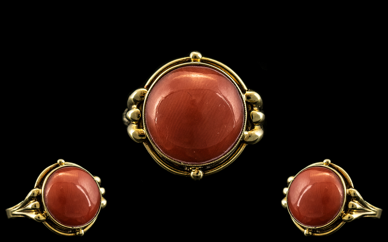 Ladies 14ct Gold and Pink Coral Mediterranean Cabochon Stone Ring. Stone of Good Size, Set In Lovely
