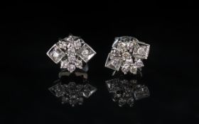 18ct White Gold - Attractive Pair of Diamond Set Earrings - Contempory Design,