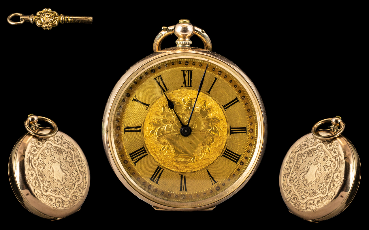 Ladies Superb Ornate Key Winding 9ct Gold Open Faced Pocket Watch with Gold Dial ( Ornate ) and Gold