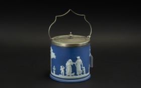 Wedgwood Blue Jasper Ware Biscuit Barrel with an EPNS lid and handle