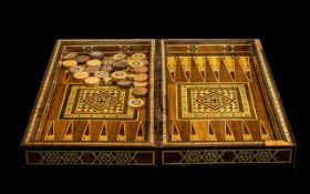 Inlaid Bone Chess Board and Backgammon Lidded Box with Geo-metric Designs.