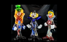 Three Murano Glass Clown Figures measuring 24 and 20 cms in height.