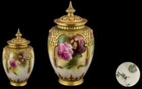 Royal Worcester Hand Painted Lidded Pot Pourri, Excellent Proportions ' Roses ' Stillife,