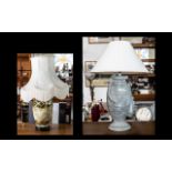 Two Contemporary Composition Electric Lamps with matching silk shades and vase shaped bases;