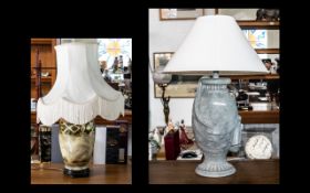 Two Contemporary Composition Electric Lamps with matching silk shades and vase shaped bases;