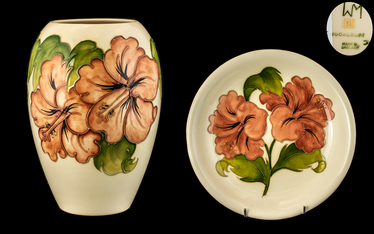 Moorcroft Two Pieces of Coral Hibiscus on Cream Ground. Designed by Walter Moorcroft and Signed to