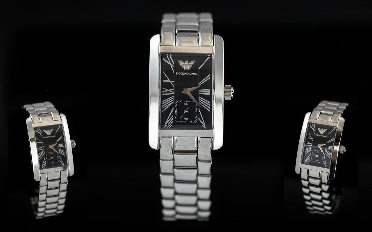 Emporio Armani Ladies Classic Silver Tone and Black Dial Stainless Steel Wrist Watch, model no.