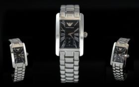 Emporio Armani Ladies Classic Silver Tone and Black Dial Stainless Steel Wrist Watch, model no.