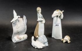 A Collection of 4 Lladro Porcelain Pieces first is a girl holding a pig,