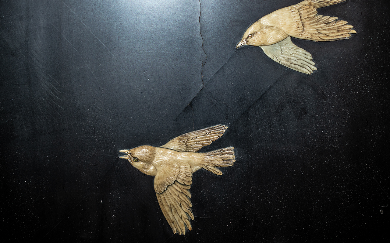An Antique Japanese Ivory Panel depicting birds in flight, - Image 3 of 4