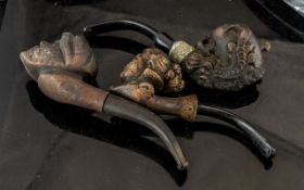 Collection of Antique Wooden Carved Pipes. ( 3 ) Pipes In Total.