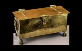 Rare Antique Brass Lidded English Tobacco Box, with a hinged strapwork lid, engraved to the top (but