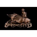 Chinese Ching Dynasty Antique Carved Hardwood Water Buffalo of Fine Quality with Squinted Horn Eyes,