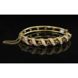 Antique Period - Superb Hand Crafted 18ct Gold Stone Set Hinged Bangle with Safety Chain, Set with