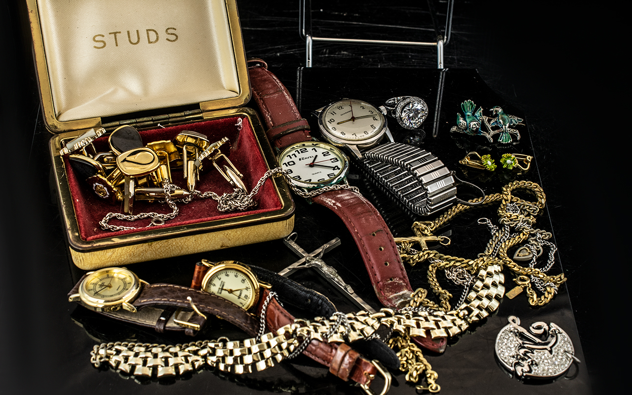 Mixed Lot Of Costume jewellery To Include Cuff Links, Tie Clips, Garrard Wristwatch + 3 Others,