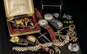 Mixed Lot Of Costume jewellery To Include Cuff Links, Tie Clips, Garrard Wristwatch + 3 Others,