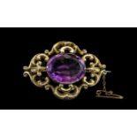 Antique Period - Attractive 9ct Gold Large Amethyst Set Ornate Brooch,