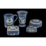 Collection of Blue Wedgewood Jasperware 5 pieces in total to include, two trinket lidded boxes,