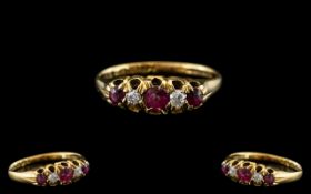 Antique Period - Attractive 18ct Gold 5 Stone Ruby and Diamond Set Ring - Gallery Setting.