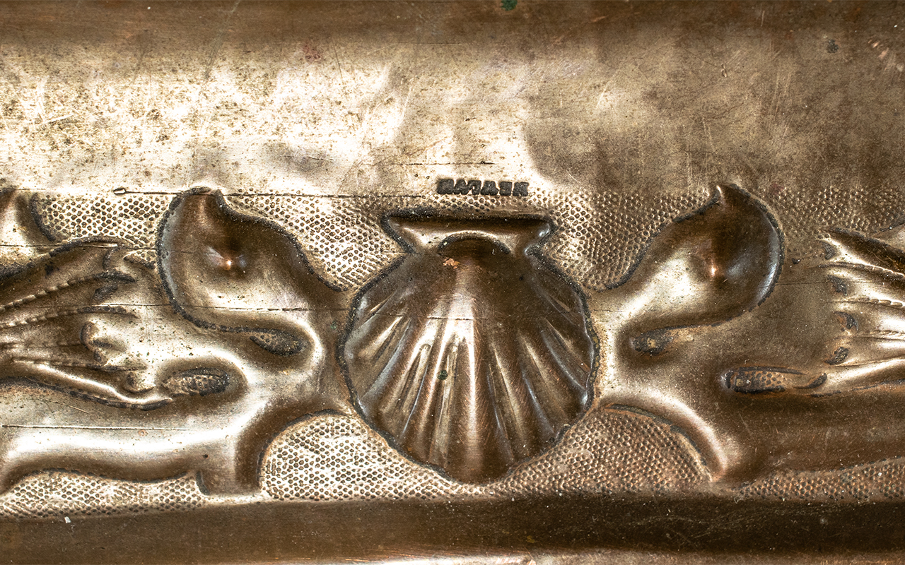 Newlyn Arts and Crafts Copper Tray embossed fish and shell border with planished finish. - Image 2 of 2