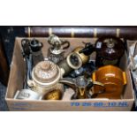 A Box of Miscellaneous to include three mantle clocks, assorted figures, modern claret jugs,