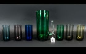 Scandinavian Glass Water Set, comprising tall water jug 9" tall in green glass,