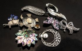 A Collection of Silver Brooches, various designs, enamelled butterfly, Aberloni shell flower design,