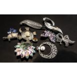 A Collection of Silver Brooches, various designs, enamelled butterfly, Aberloni shell flower design,