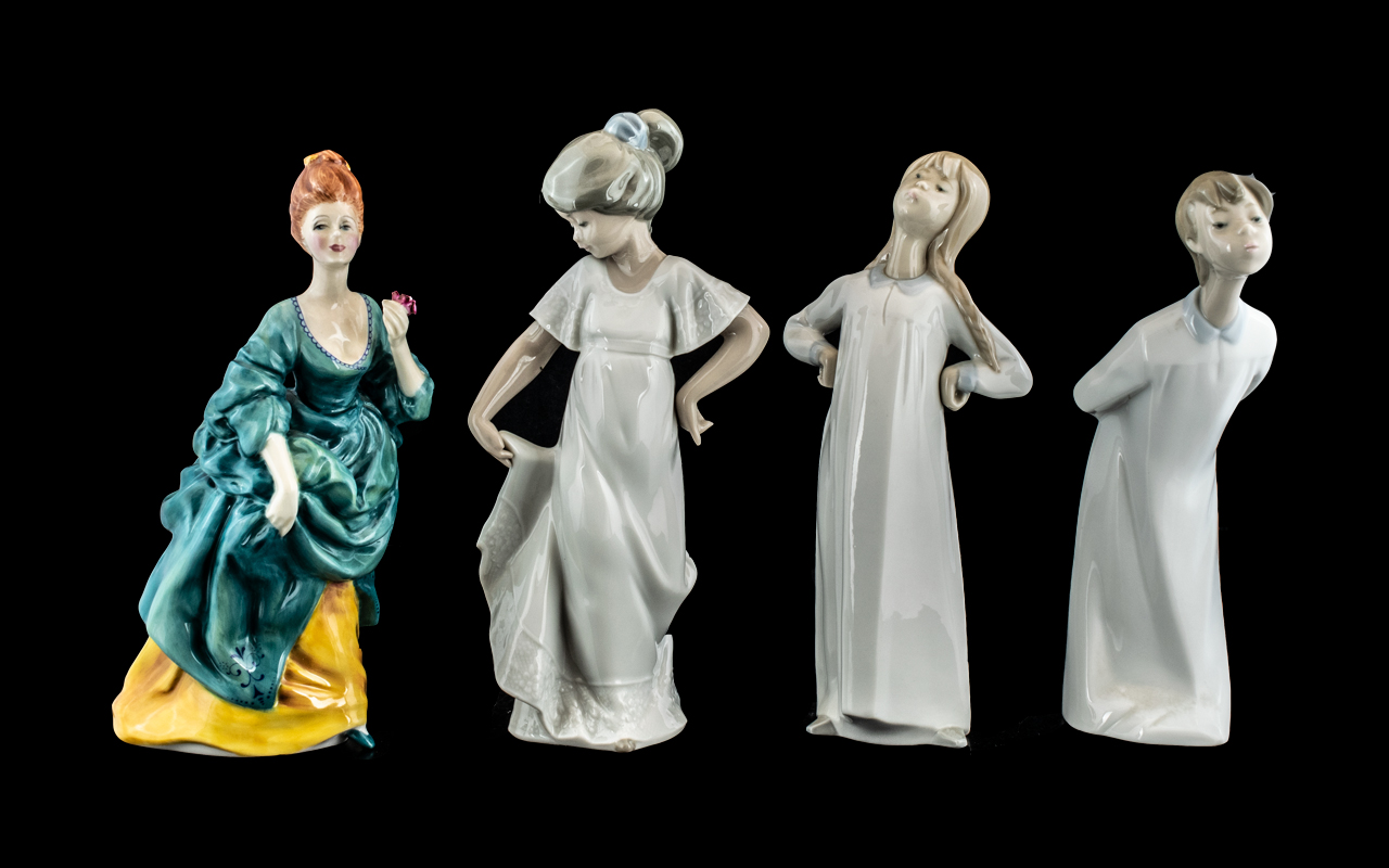 Four Figurines To Include A Royal Doulton Olga HN 2463, Lladro Boy Blowing Kis #4869,
