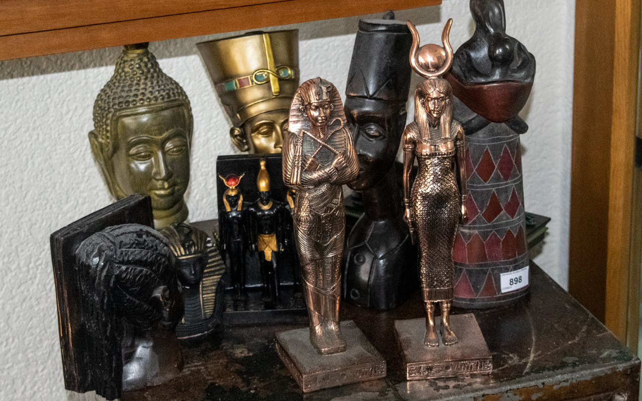 A Collection of Assorted Modern Egyptian Inspired Decorative Ornaments to include book ends and