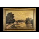 Large Antique Oil on Canvas River Landscape, well painted scene of a fisherman in a boat,