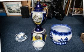 Collection of Porcelain, comprising a blue and white Ironstone Jardiniere 9" tall,