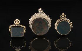 Edwardian Period 1902 - 1910 Trio of Excellent Stone Set 9ct Gold Ornate Swivel Fobs, All of